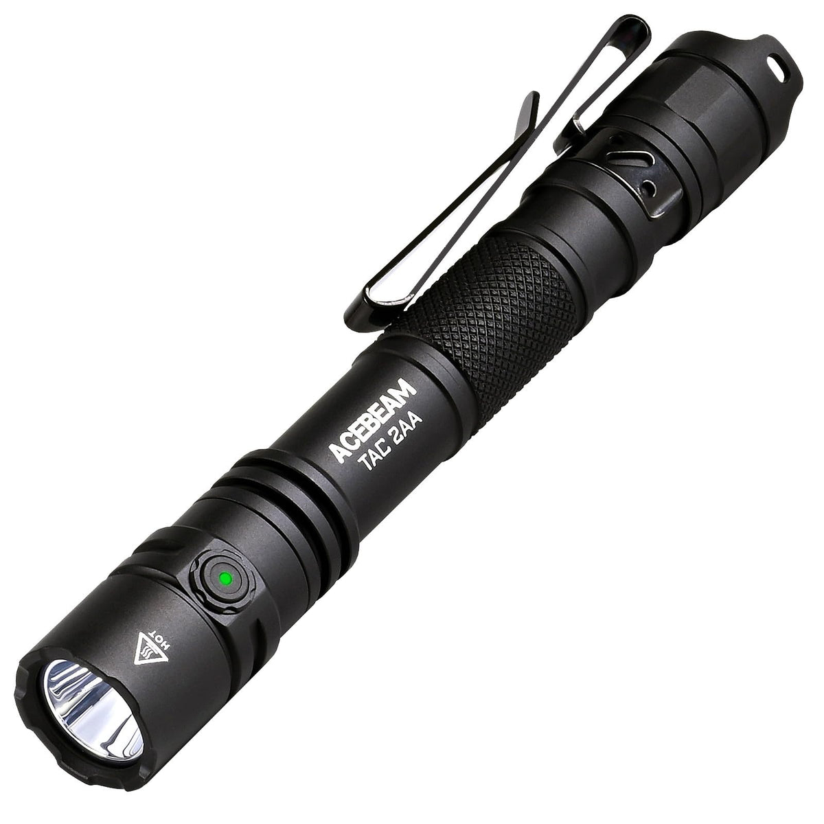 ACEBEAM TAC 2AA front view with bright beam for camping and emergencies.