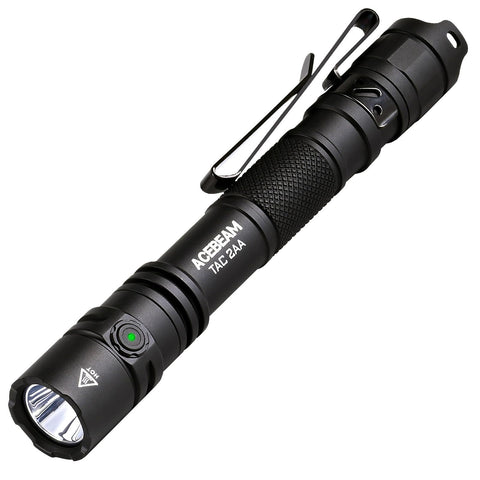 ACEBEAM TAC 2AA front view with bright beam for camping and emergencies.