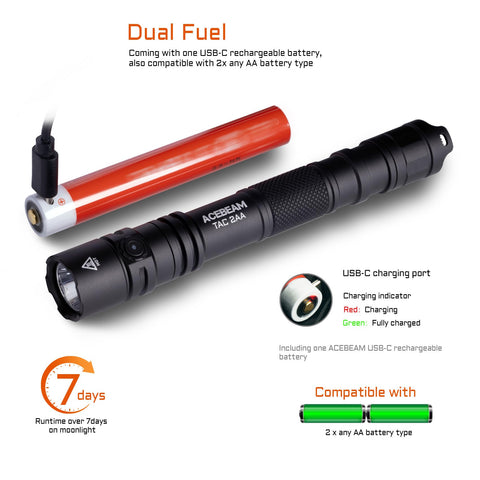 ACEBEAM TAC 2AA rechargeable battery indicator aids power management.