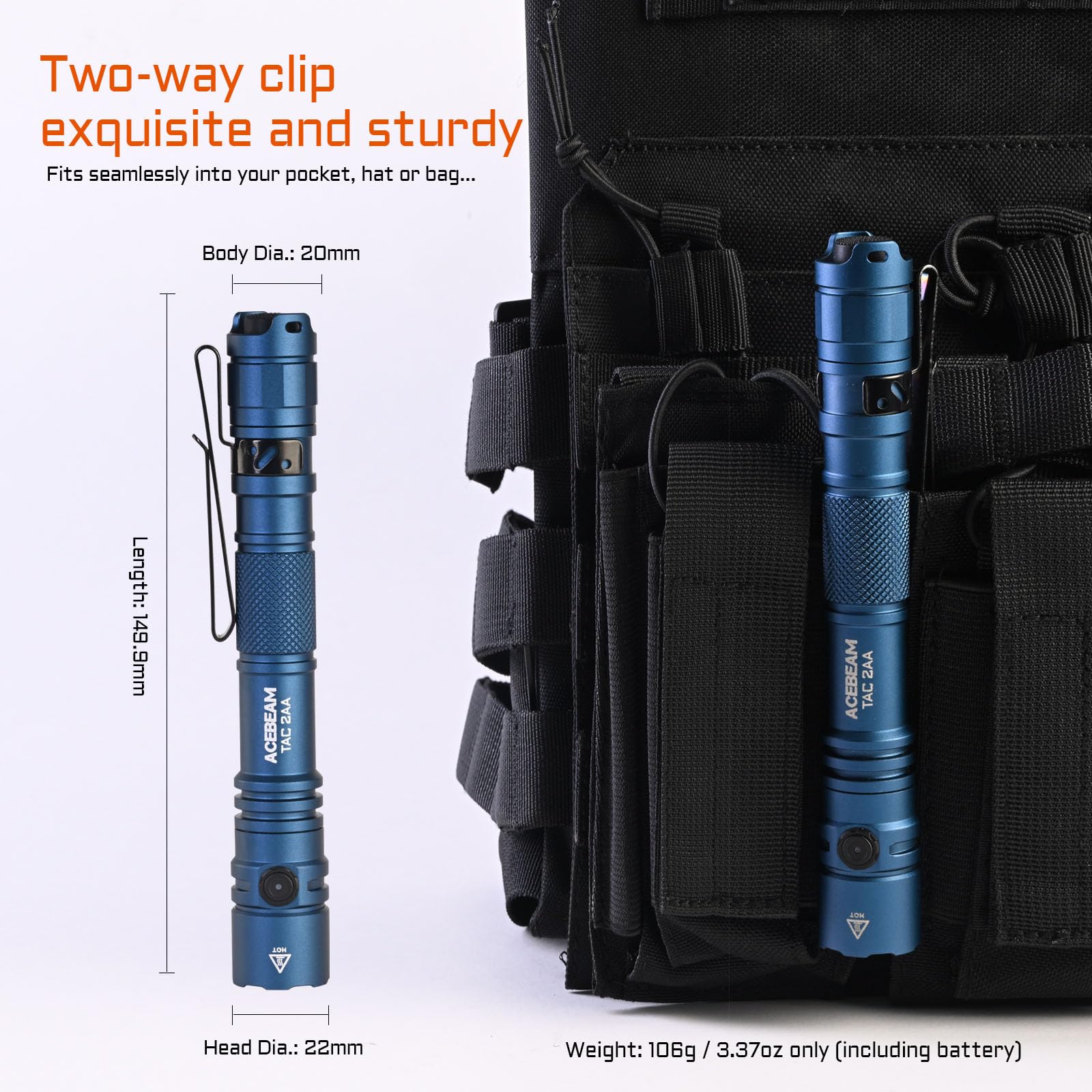 ACEBEAM TAC 2AA rechargeable battery included for sustainable use.
