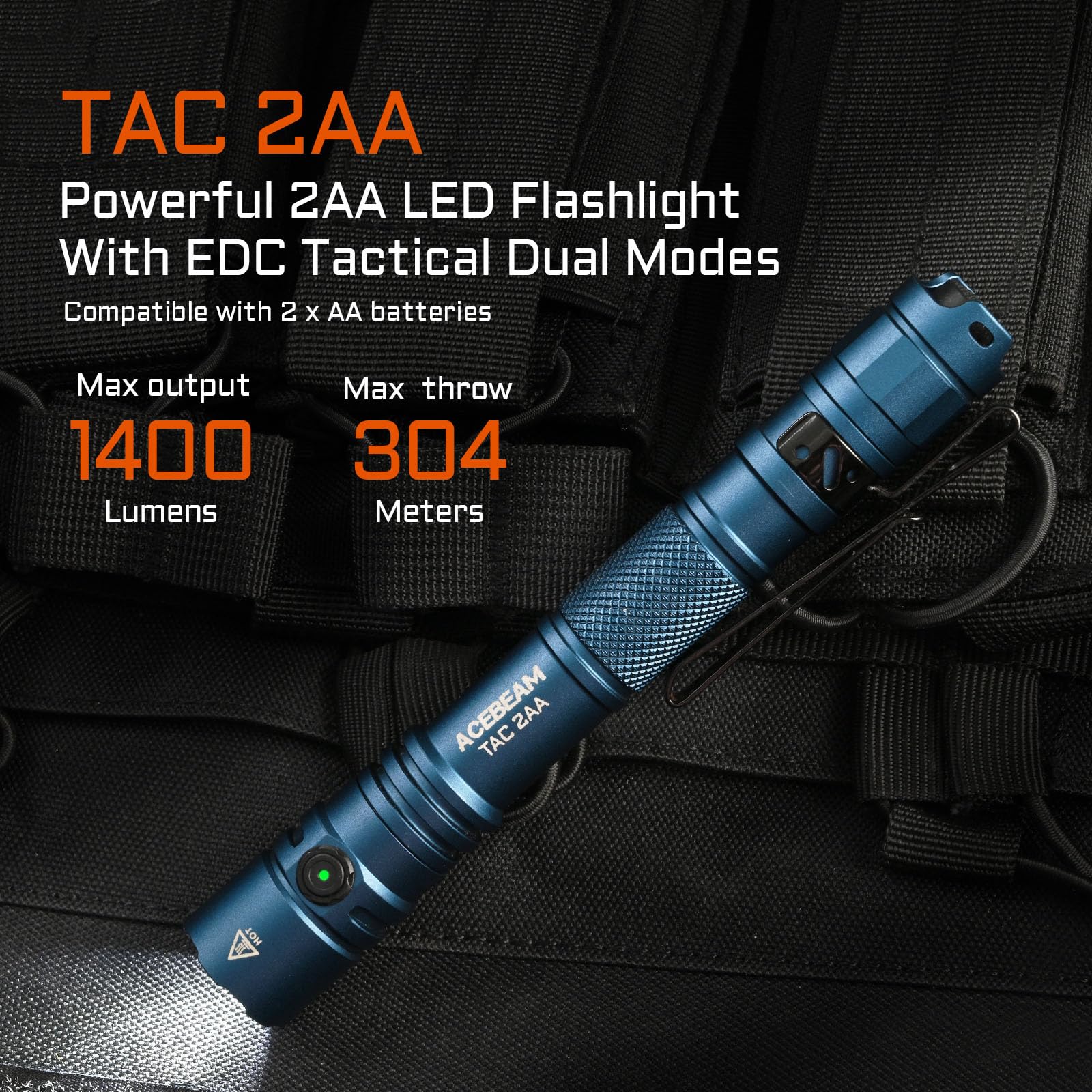 ACEBEAM TAC 2AA side view with dual switches enables quick mode changes.