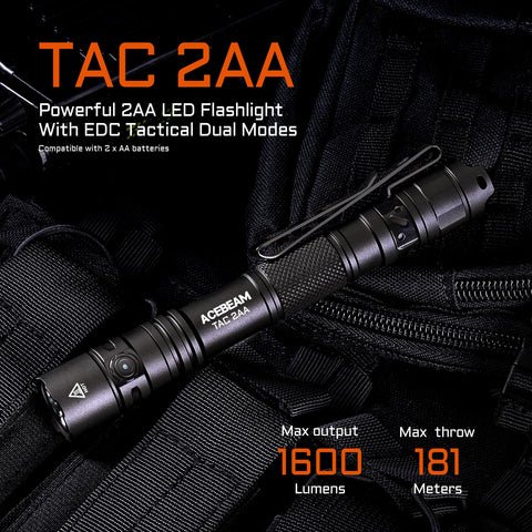 ACEBEAM TAC 2AA tail-switch close-up for quick access and tactical use.