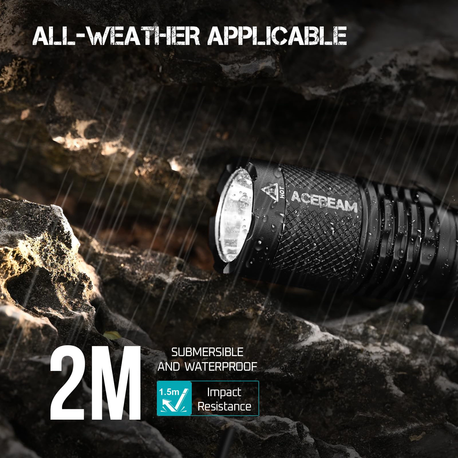 ACEBEAM TAC AA 2.0 IP68-rated body ready for rain and dust in rugged settings.