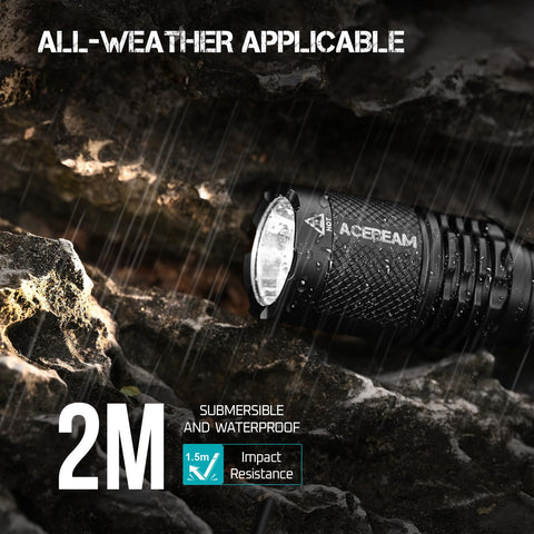 ACEBEAM TAC AA 2.0 IP68-rated body ready for rain and dust in rugged settings.