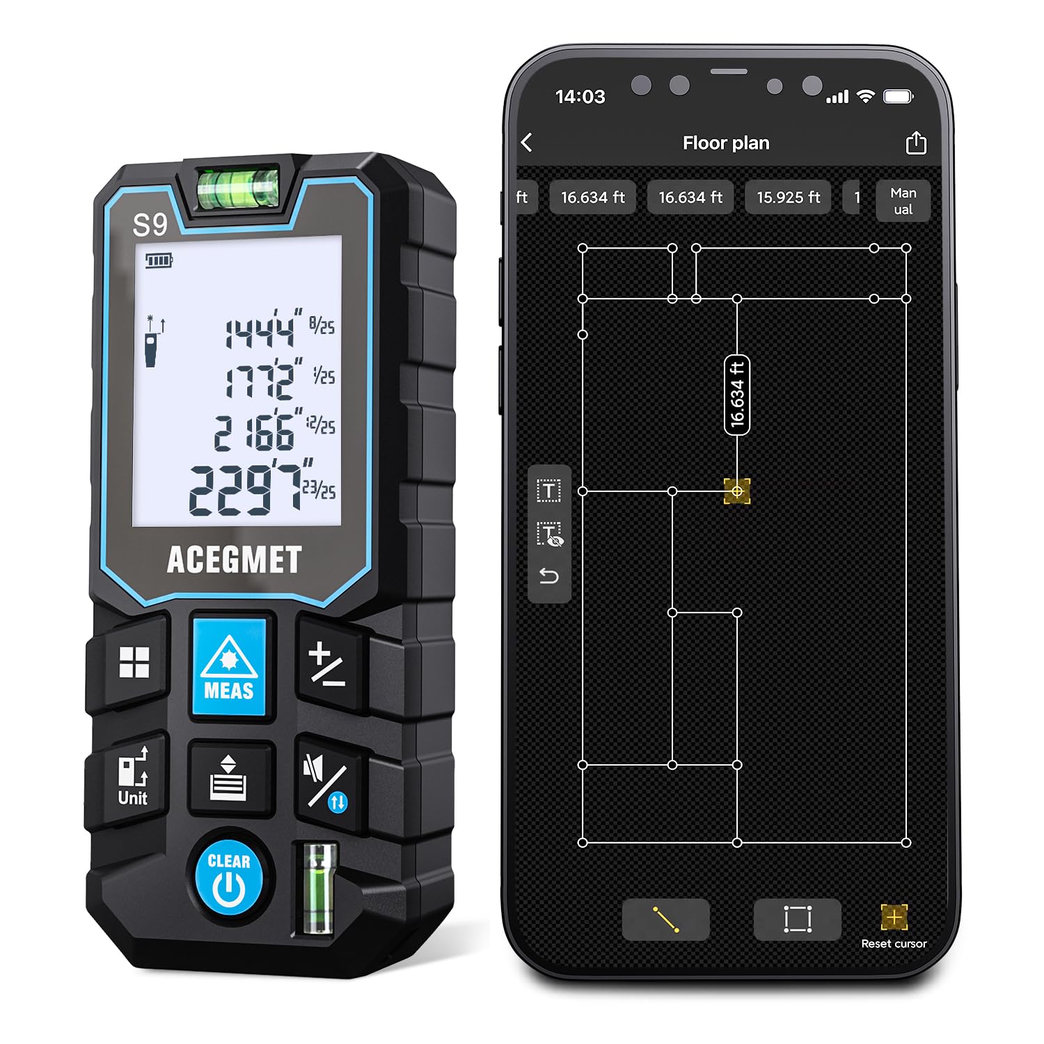 ACEGMET Laser Measure front view for quick distances on site.