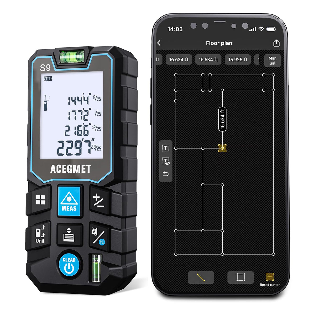 ACEGMET Laser Measure front view for quick distances on site.