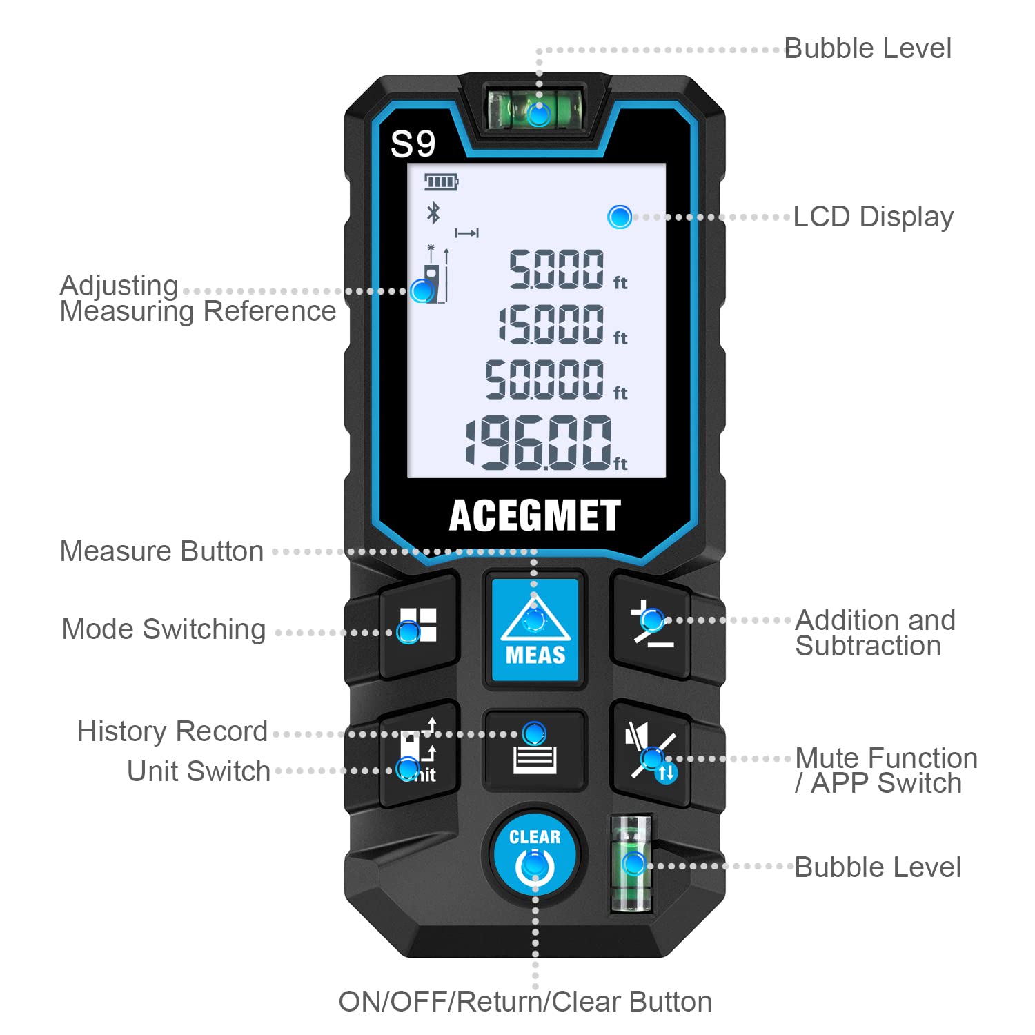 ACEGMET Laser Measure supports distance area volume calculations for quick layouts.