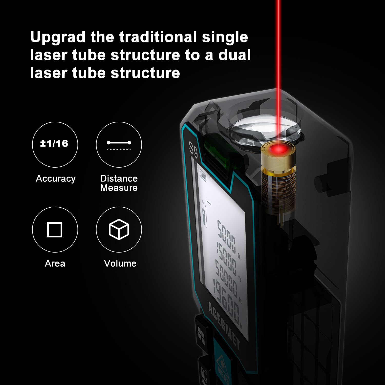 ACEGMET Laser Measure with two bubble levels ensures accurate alignment.