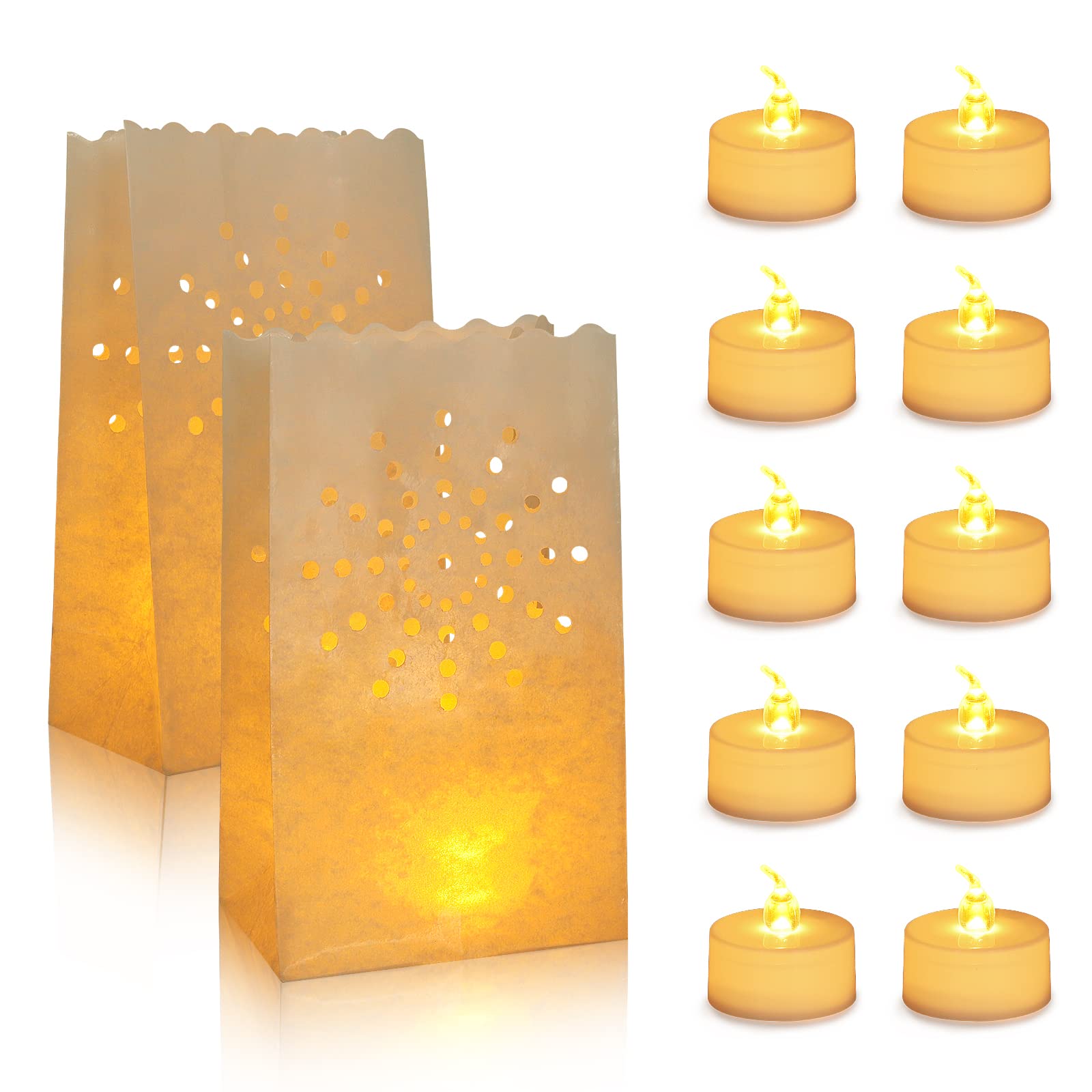 AceList luminary bags with flameless candles for outdoor wedding ambiance.