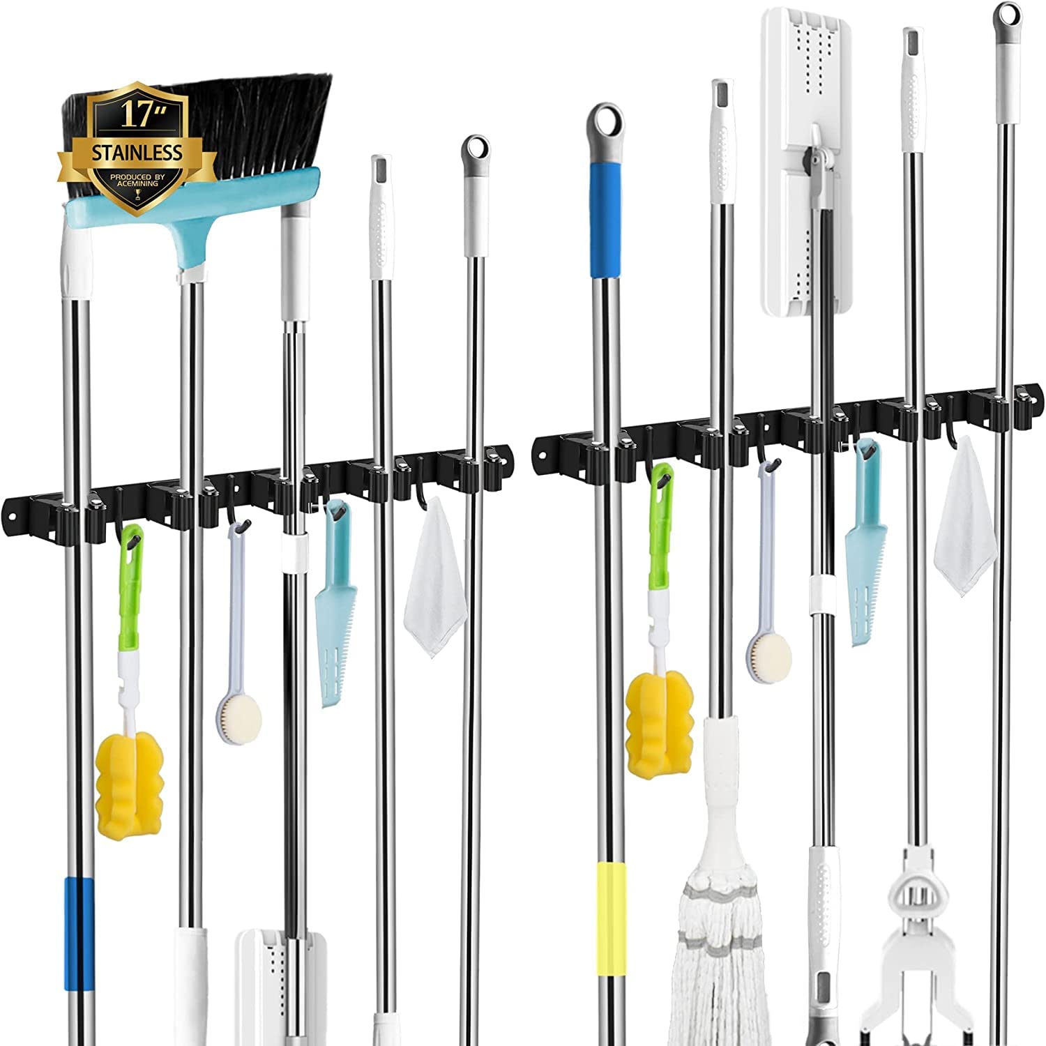 AceMining 2-pack mop holder with five racks and four hooks for neat storage