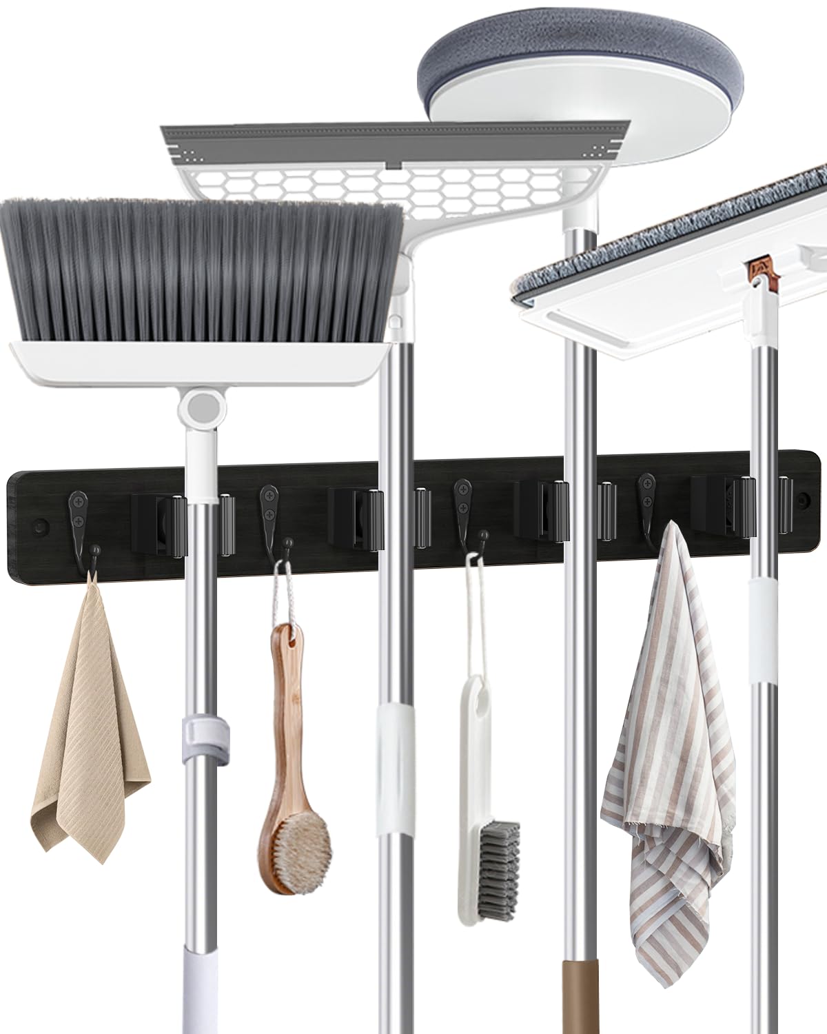 AceMining broom holder wall-mounted with four hooks for tidy entryway organization