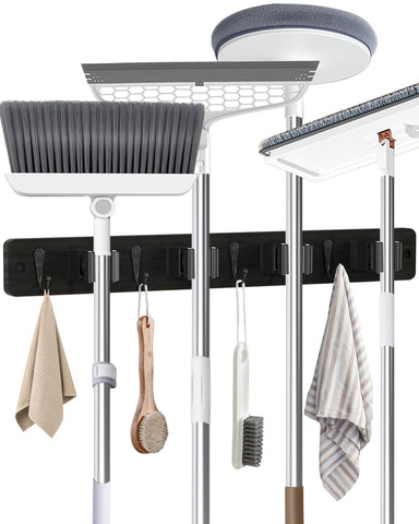 AceMining broom holder wall-mounted with four hooks for tidy entryway organization