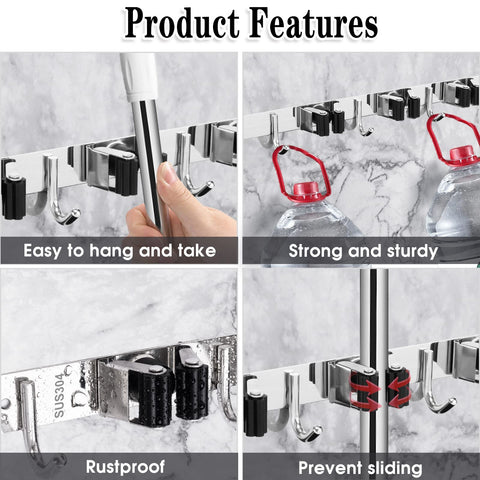 AceMining broom organizer on wall-mounted racks saves space in kitchens and garages.