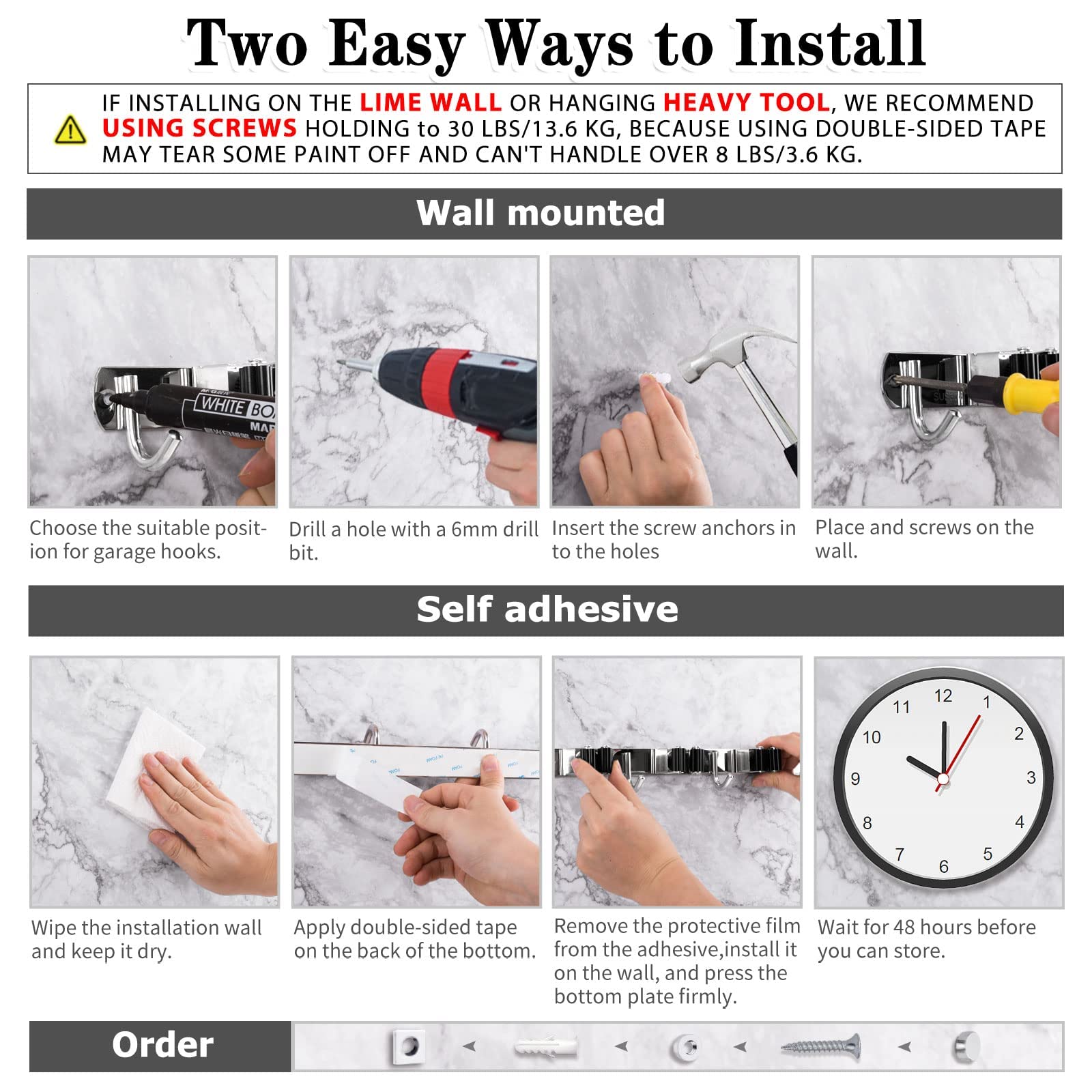 AceMining screw-mounted rack provides strong, heavy-duty support for brooms and tools.