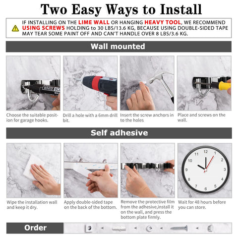AceMining screw-mounted rack provides strong, heavy-duty support for brooms and tools.