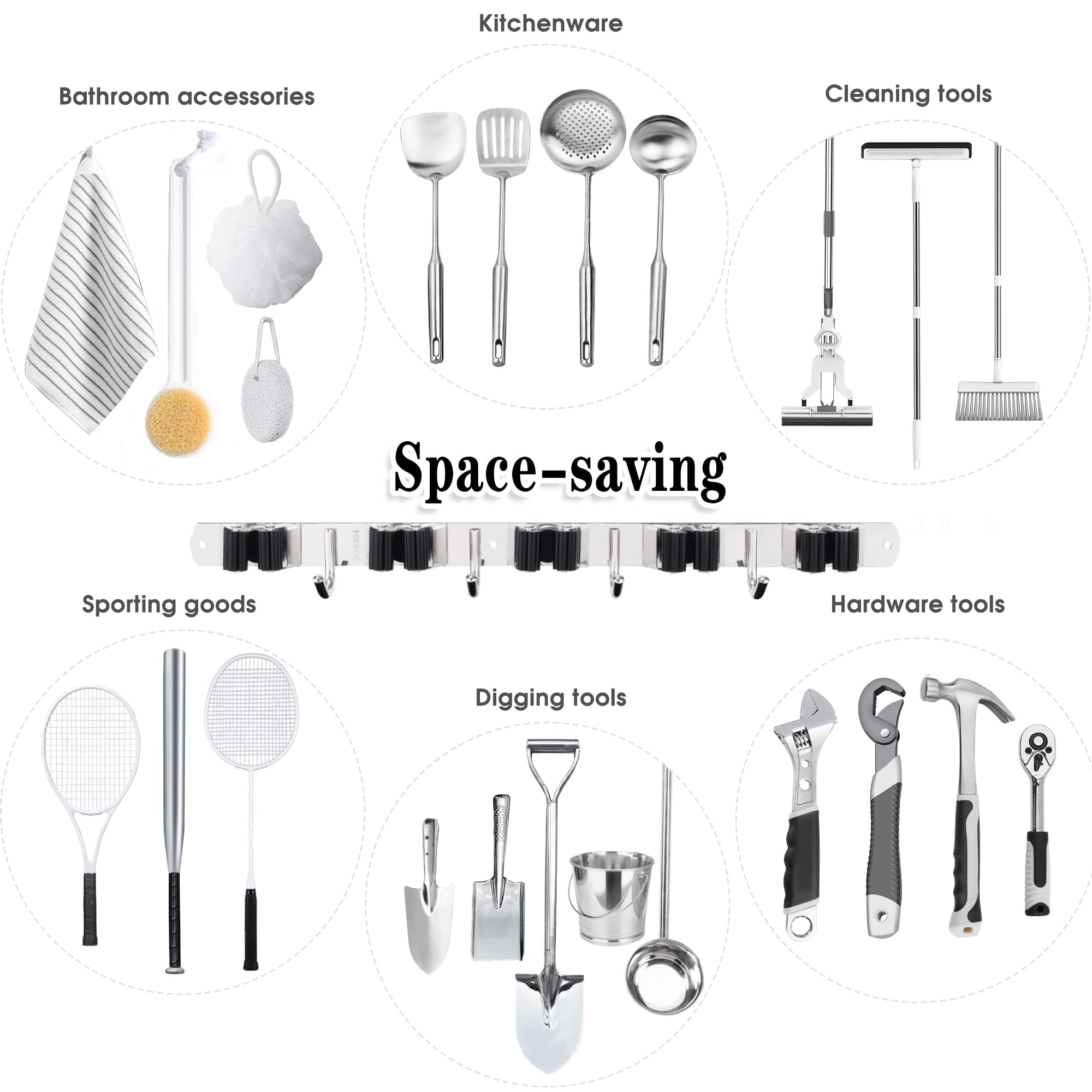 AceMining self-adhesive mop hanger is easy to install on smooth surfaces.