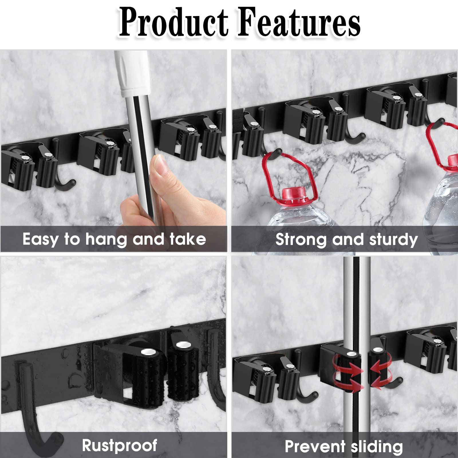 AceMining stainless steel broom holder close-up shows durable, rust-resistant design