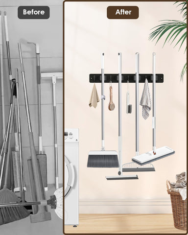 AceMining wooden mop and brush holder shows natural pine texture in modern decor