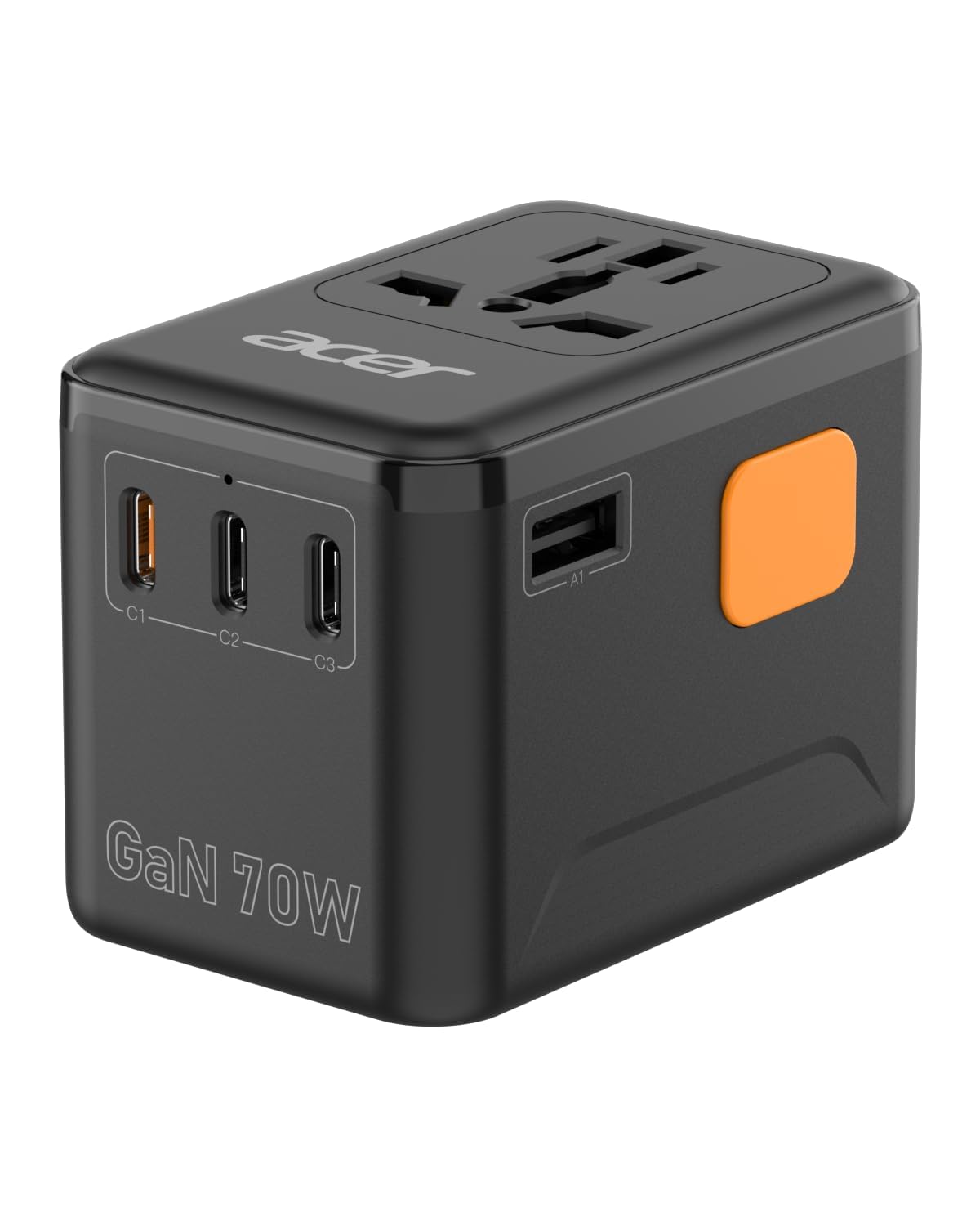 Acer 70W GaN travel adapter in compact design for easy packing.