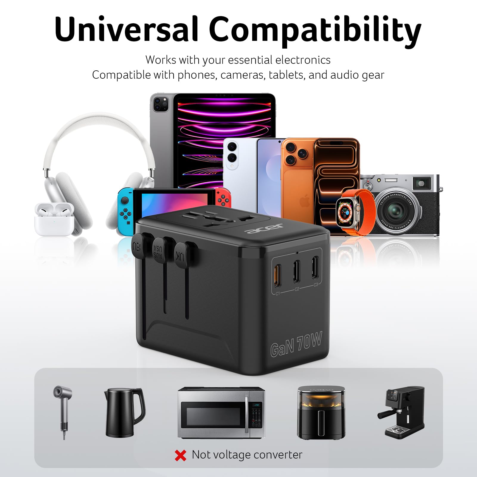 Acer 70W GaN travel adapter cruise-friendly, cords-free travel.