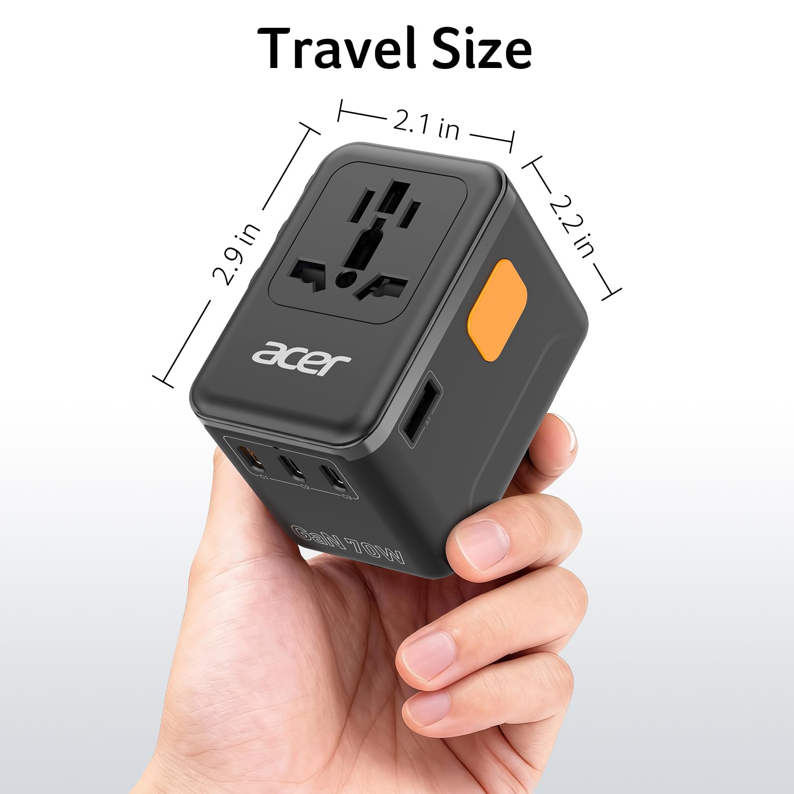 Acer 70W GaN travel adapter no surge protection noted on product.