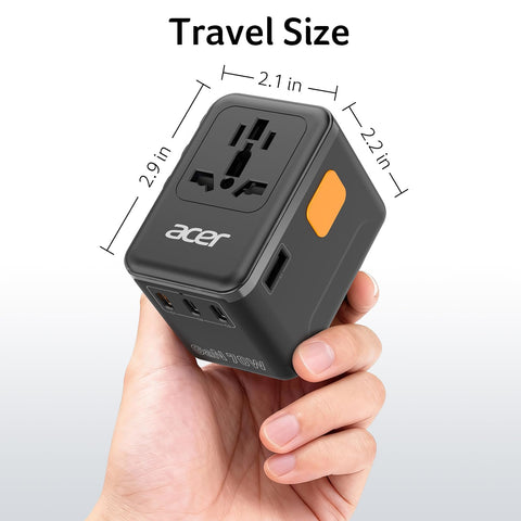Acer 70W GaN travel adapter no surge protection noted on product.