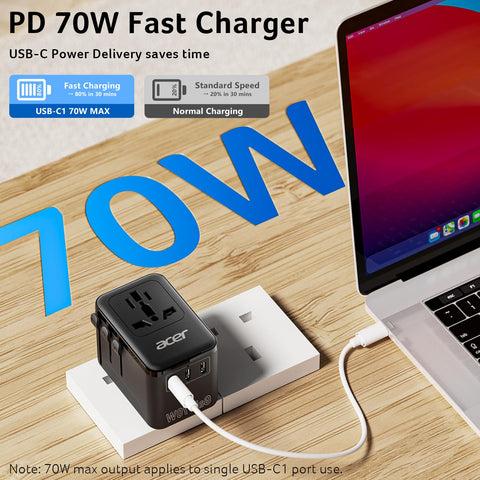 Acer 70W GaN travel adapter with 3 USB-C ports powering multiple devices.