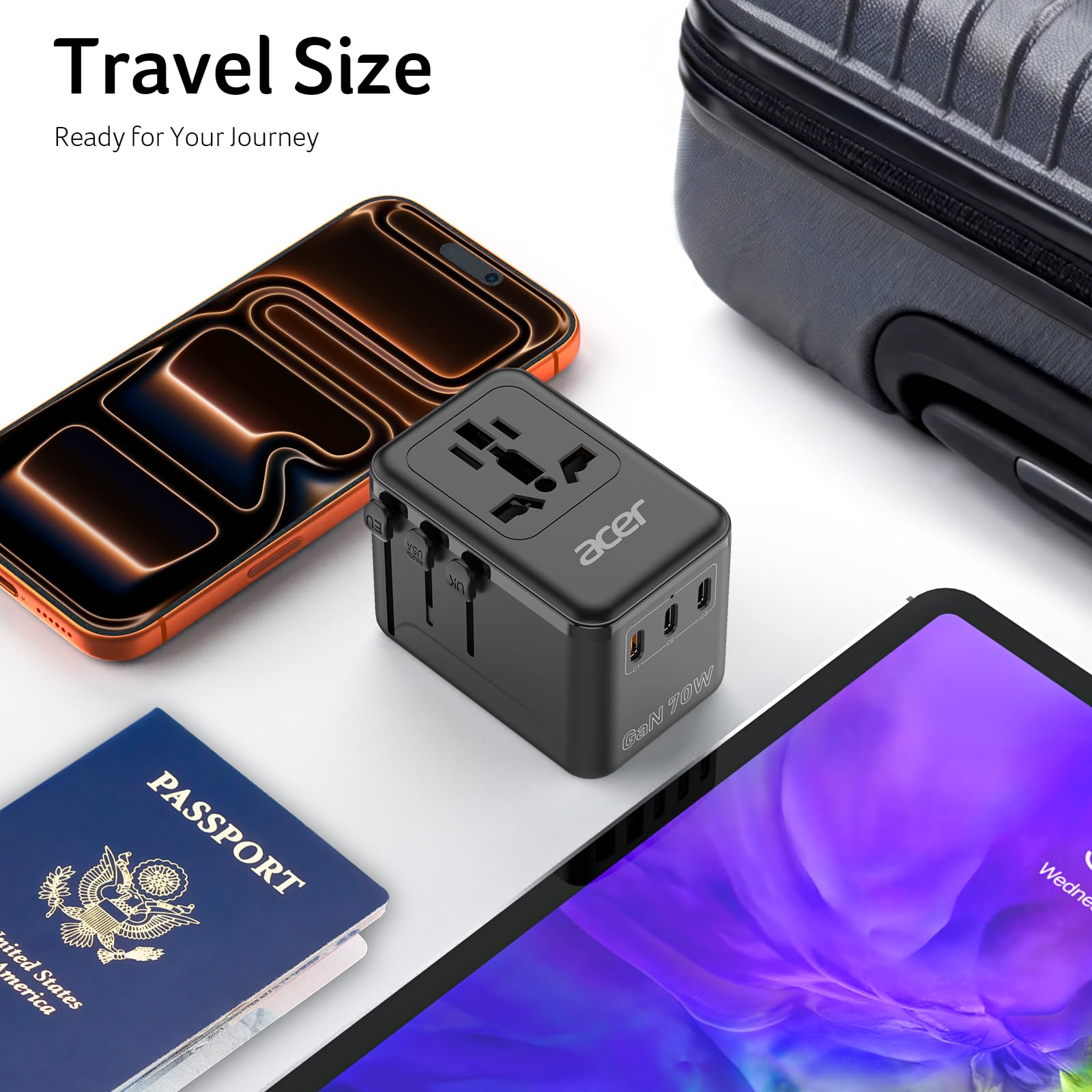 Acer 70W GaN travel adapter worldwide plug compatibility across countries.
