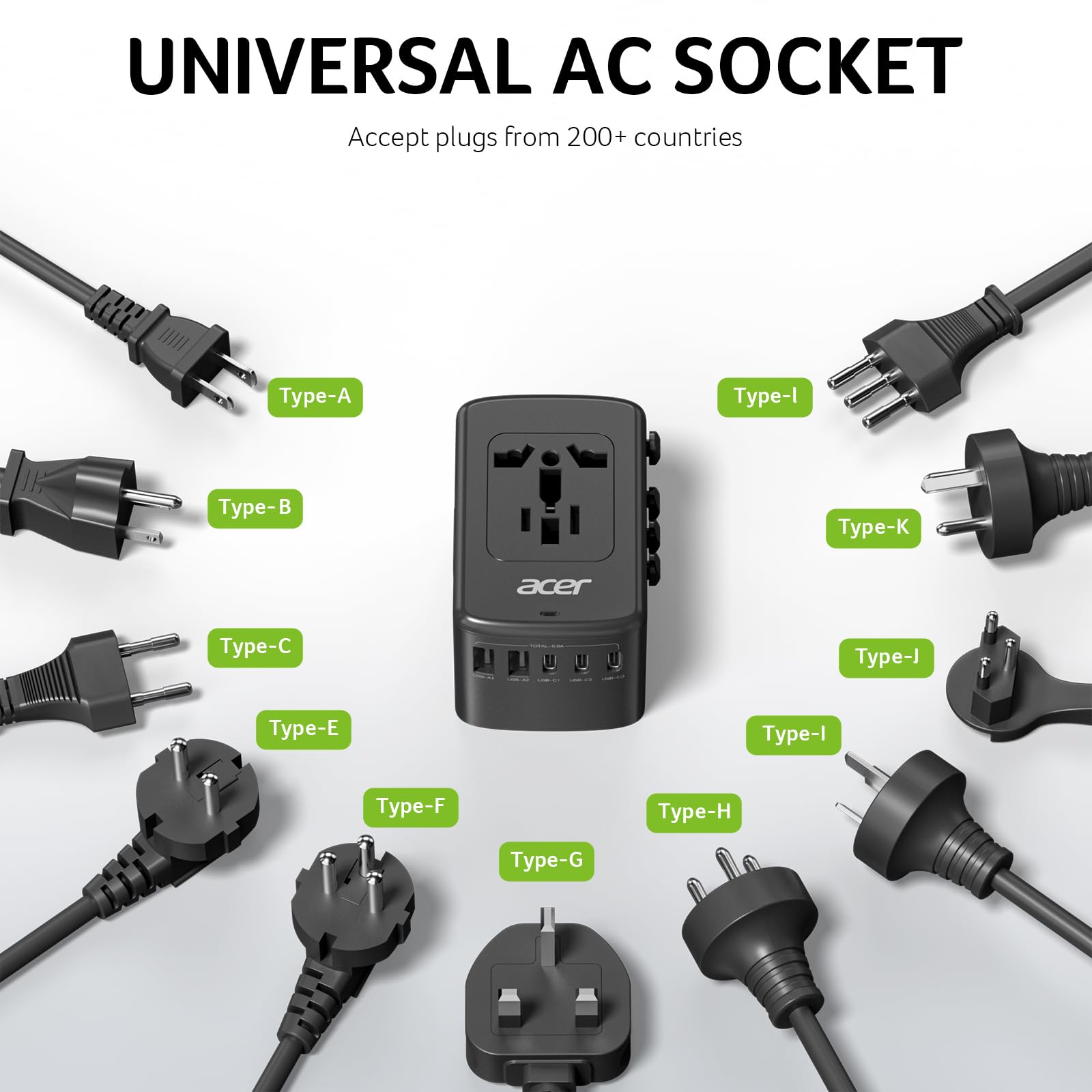 A compact travel adapter design by Acer fits easily in luggage.