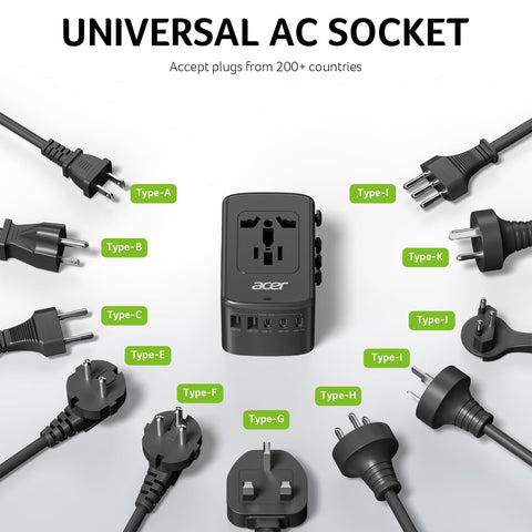 A compact travel adapter design by Acer fits easily in luggage.