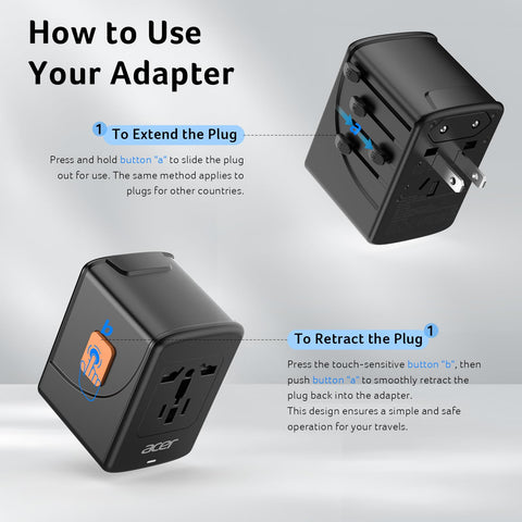Acer universal plug adapts to multiple international outlet types for travel.