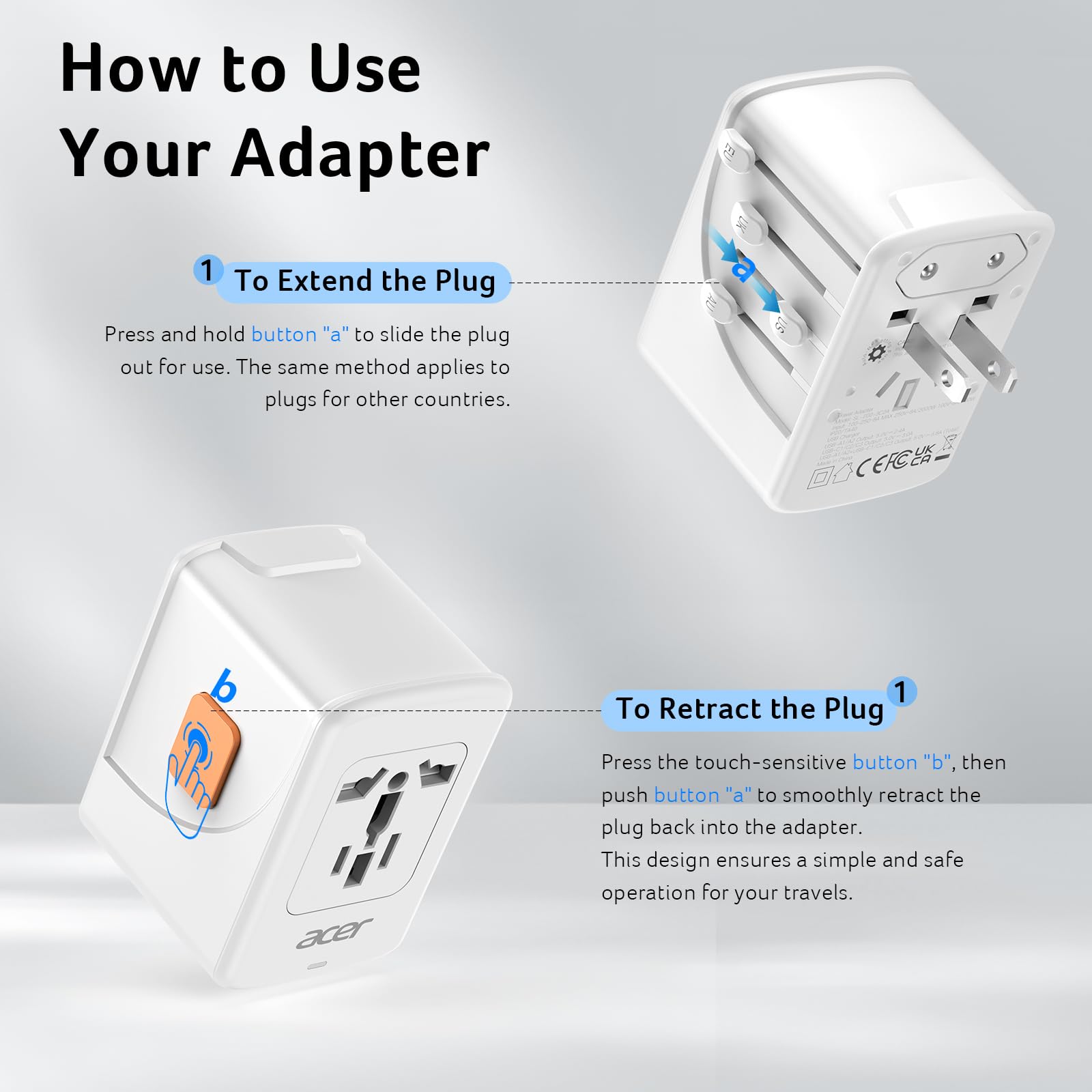 Acer travel adapter features five USB ports for multiple devices.