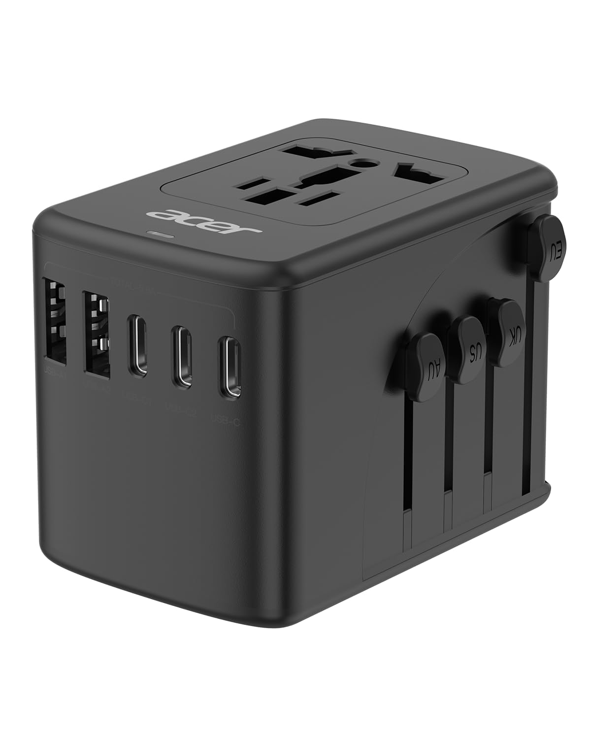 Acer universal travel plug adapter with six ports enables worldwide charging on the go.