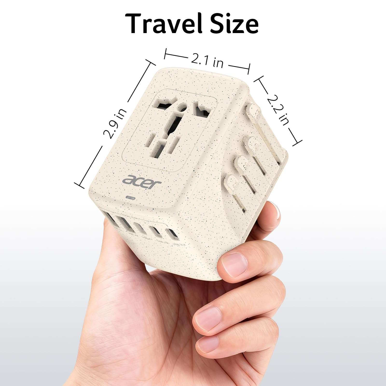 Beige color of Acer universal travel plug adapter blends with travel gear