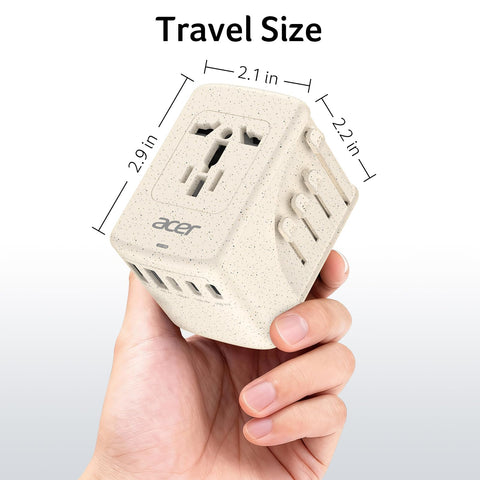 Beige color of Acer universal travel plug adapter blends with travel gear