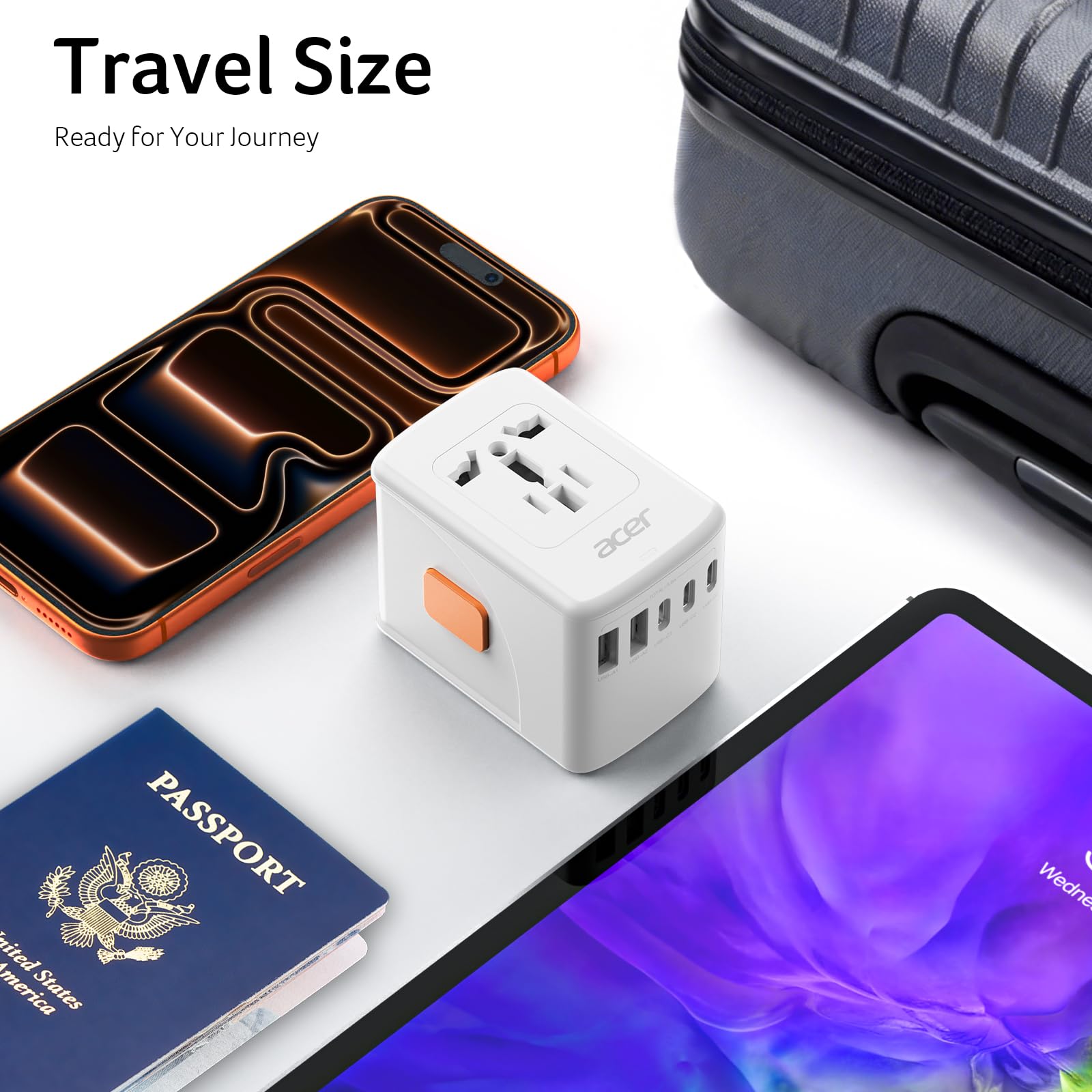 Acer adapter compact design emphasizes portable travel readiness.