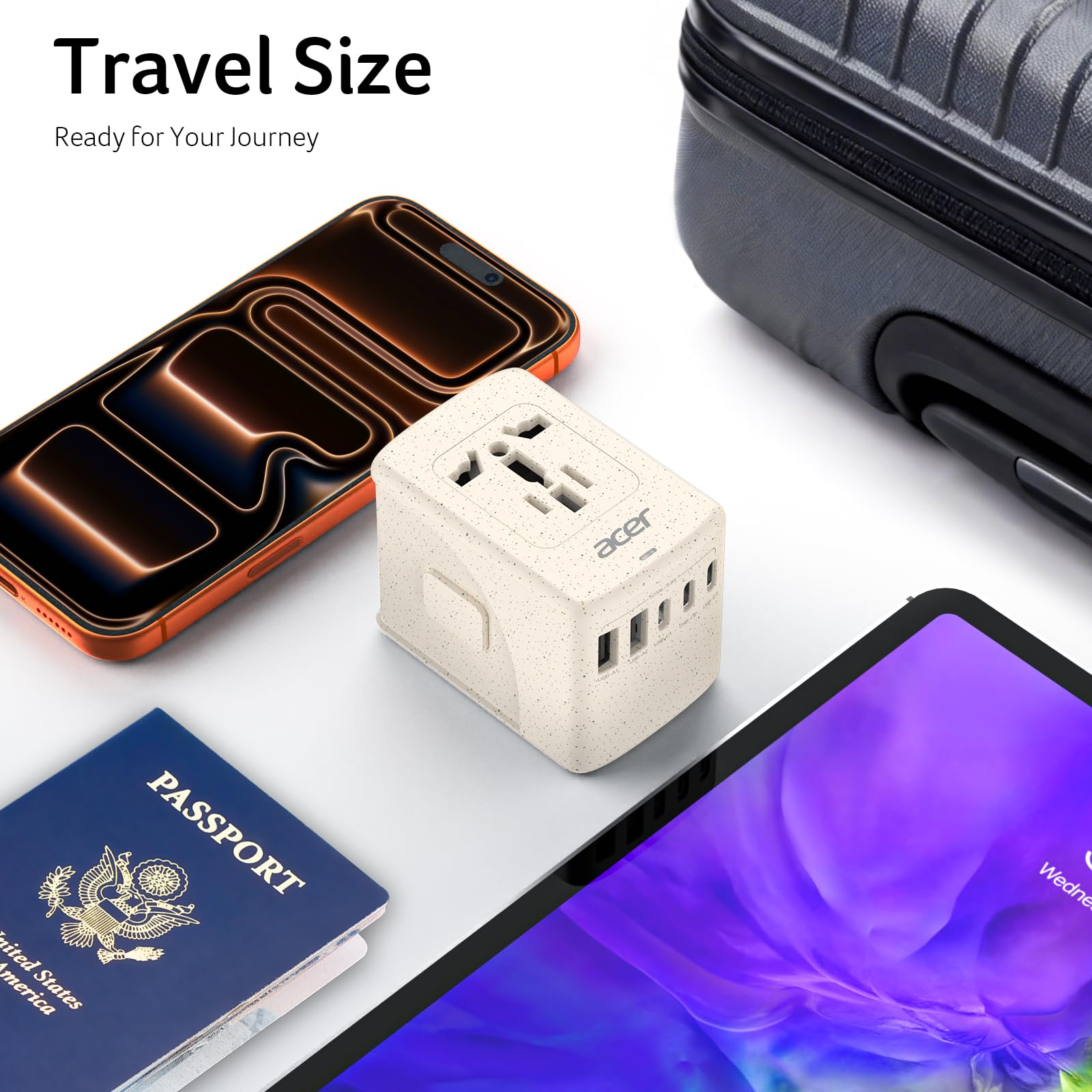 Compact beige design of Acer universal travel plug adapter fits easily in luggage