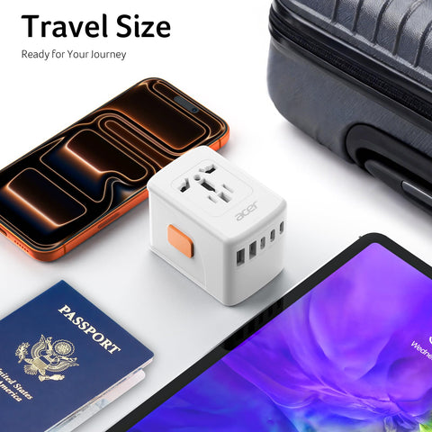 Acer adapter compact design emphasizes portable travel readiness.