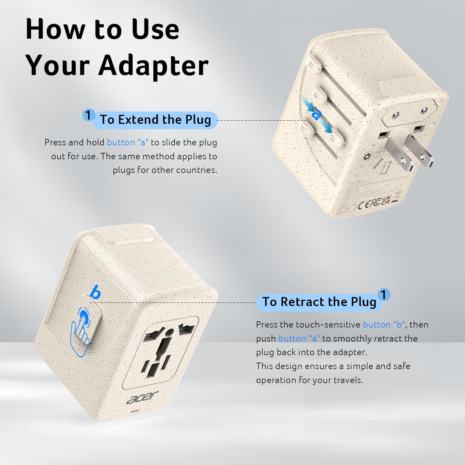 Acer universal adapter powering a smartphone and camera on the go