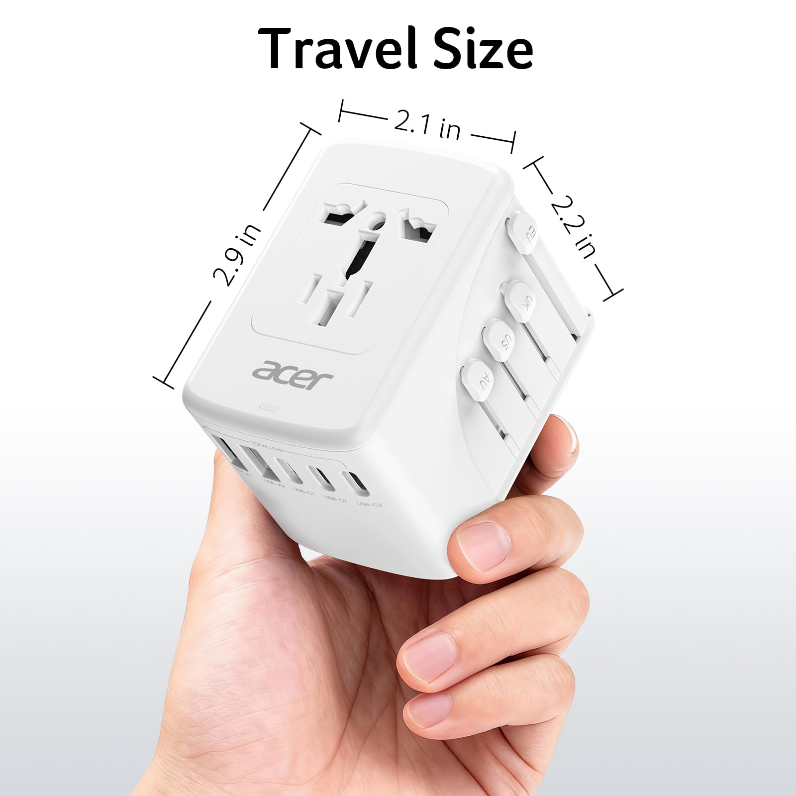 Acer adapter ready for US, EU, UK, FR, ES regions travellers.