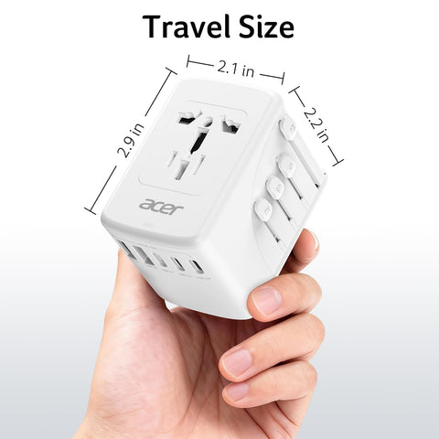 Acer adapter ready for US, EU, UK, FR, ES regions travellers.