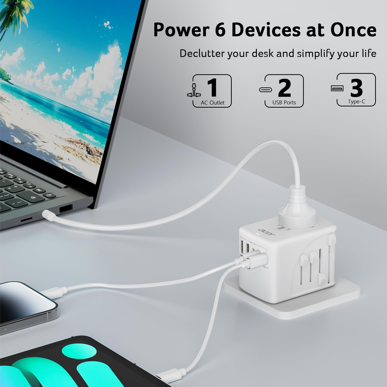 Acer universal travel adapter in a compact white body fits easily in luggage.