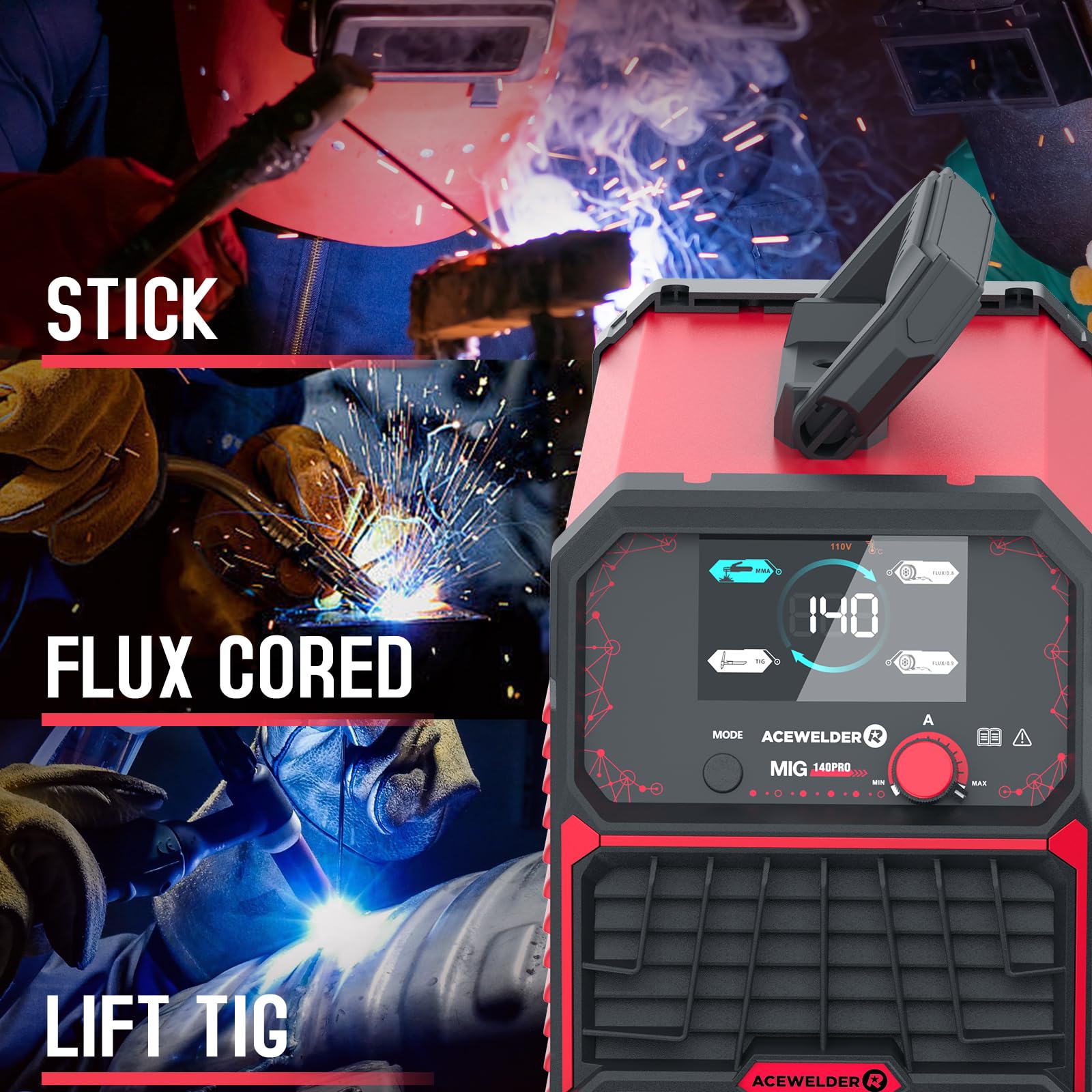 Acewelder 140A MIG welder control panel with LED display for real time data.