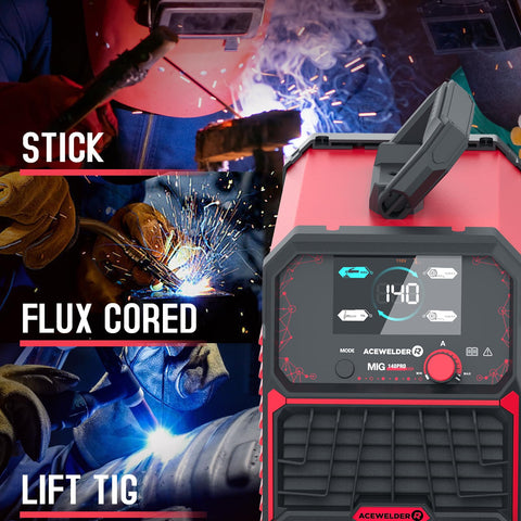 Acewelder 140A MIG welder control panel with LED display for real time data.