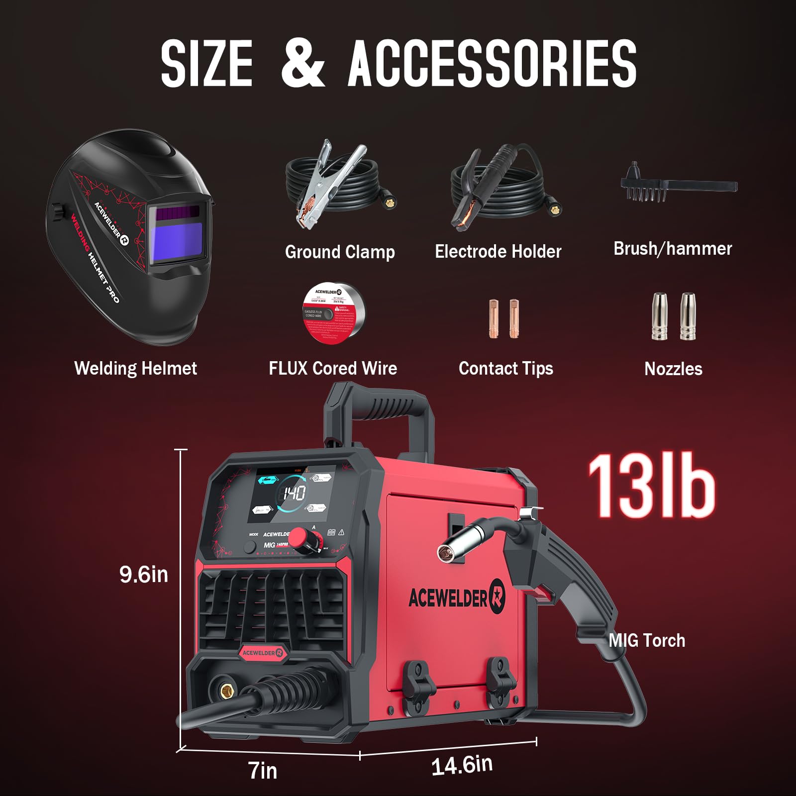 Acewelder MIG torch included for versatile welding tasks.