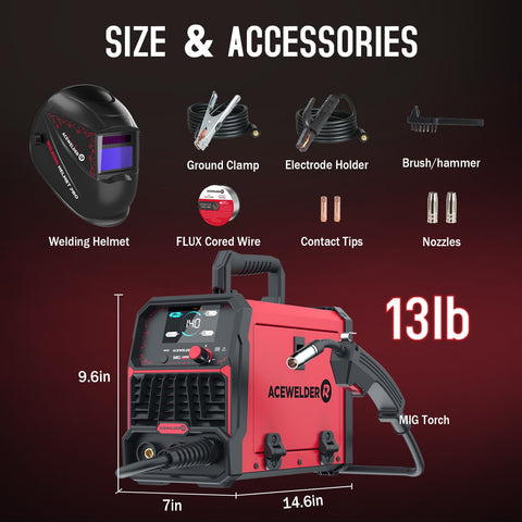 Acewelder MIG torch included for versatile welding tasks.