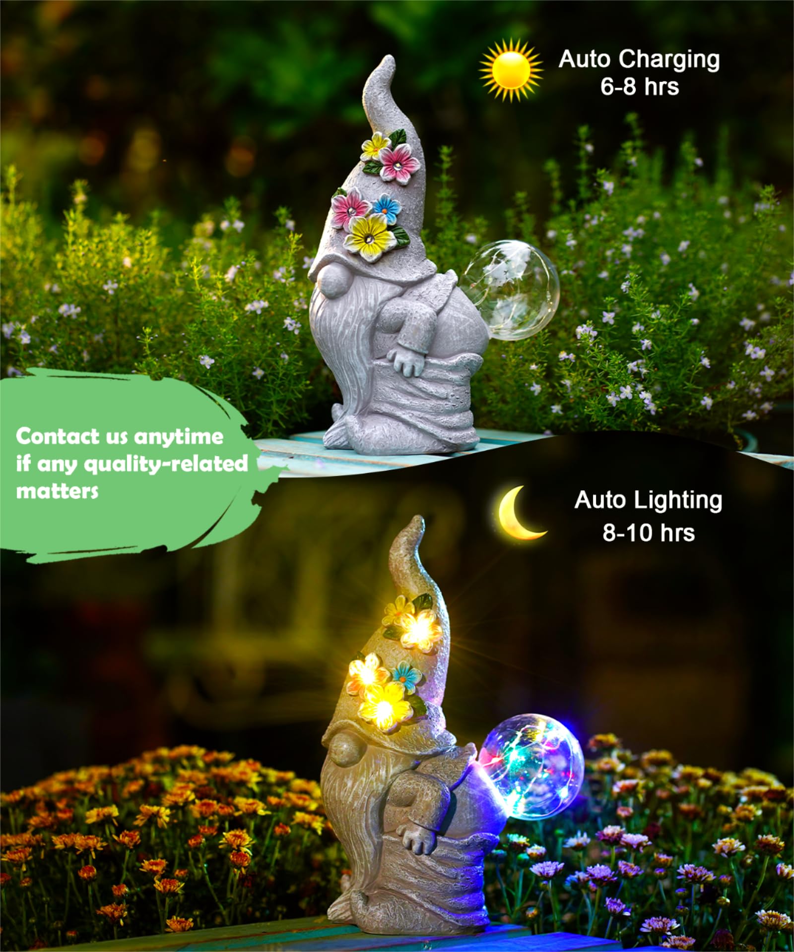 Acgarten porch yard gnome illuminated for welcoming nighttime outdoor ambiance.