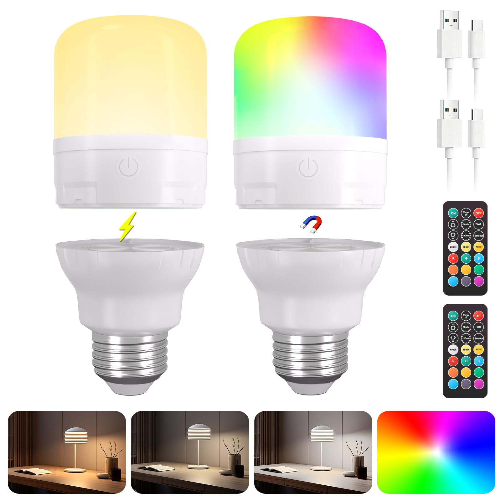 ACHHAH 2-pack rechargeable magnetic LED bulb base showing wireless setup versatility