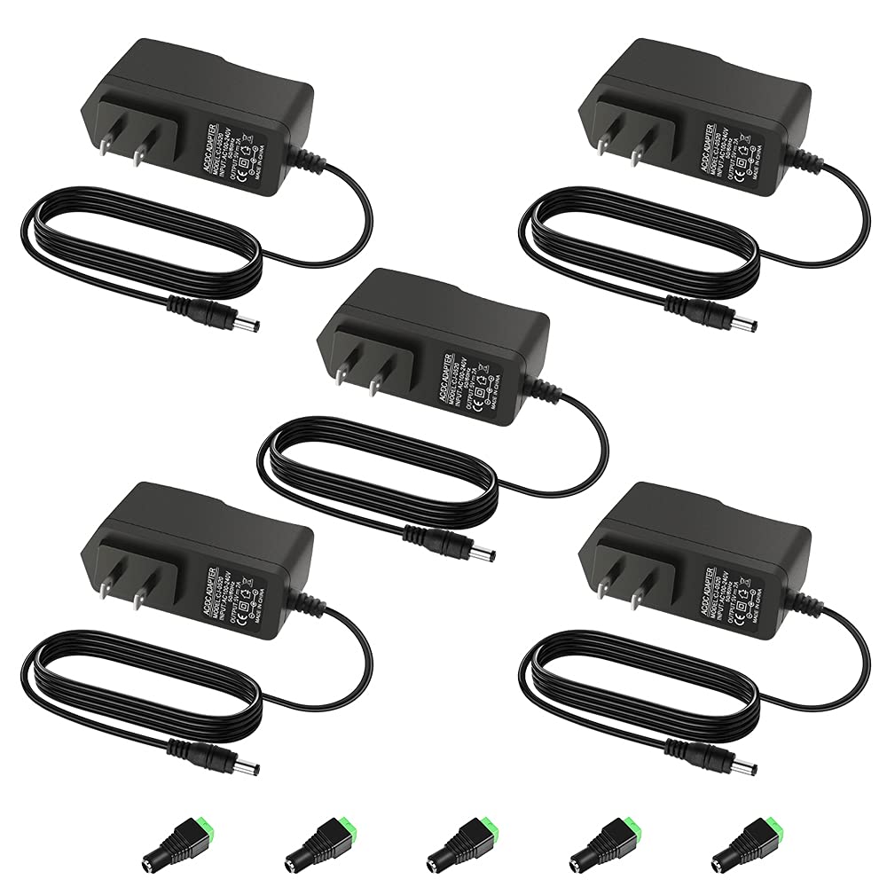 Aclorol 5V 2A power supply front view powering LED strips and small devices.
