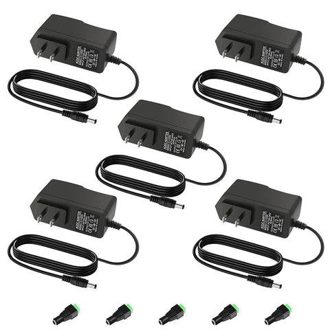 Aclorol 5V 2A power supply front view powering LED strips and small devices.